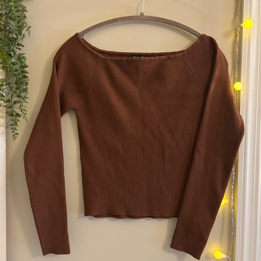 Scoop Off-the-Shoulder Brown Sweater